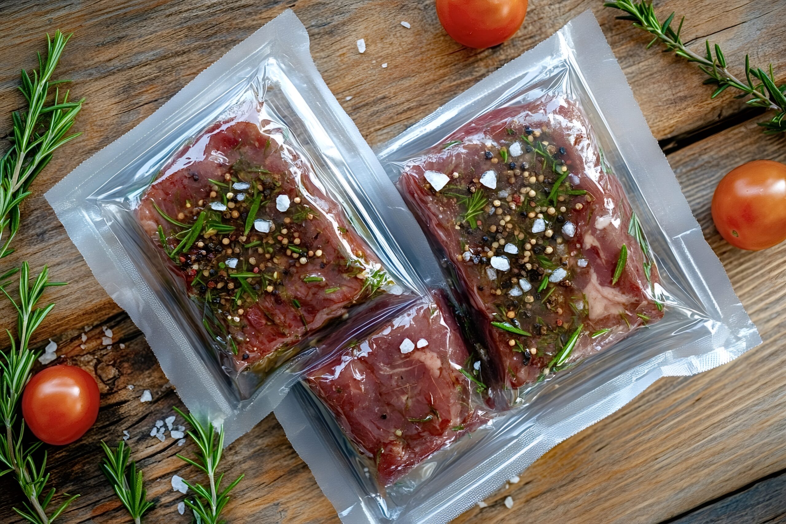 Three vacuum-sealed beef slices seasoned with rosemary, salt and peppercorns are lying on a wooden table with cherry tomatoes and rosemary sprigs, suggesting preparation for sous-vide cooking